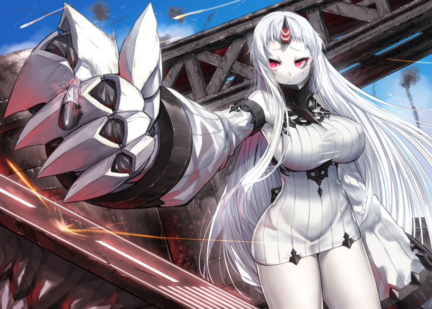 1girl :&lt; abyssal_ship blue_sky breasts claws colored_skin day dress flight_deck horns kantai_collection large_breasts long_hair outdoors red_eyes ribbed_dress seaport_princess short_dress single_horn sky solo sweater sweater_dress very_long_hair white_hair white_skin zombie_mogura