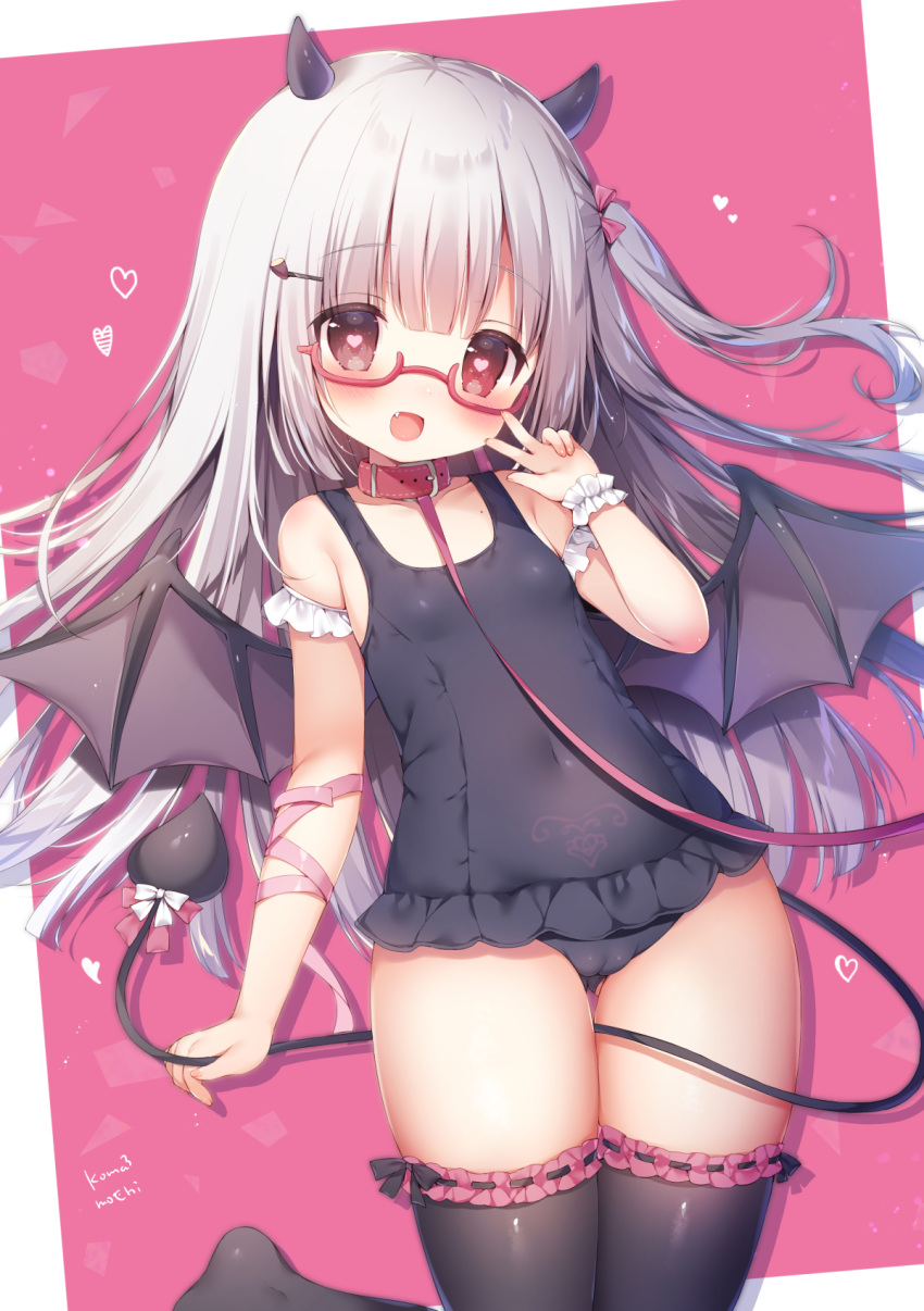 1girl arm_up ass_visible_through_thighs black_legwear blue_swimsuit collar demon_girl demon_horns demon_tail demon_wings fang glasses hair_ornament hairclip highres horns leash leg_up long_hair momozu_komamochi one-piece_swimsuit open_mouth original pubic_tattoo red_eyes ribbon school_swimsuit semi-rimless_eyewear side_ponytail silver_hair smile solo standing standing_on_one_leg swimsuit tail tattoo thigh_gap thighhighs thighs v wings