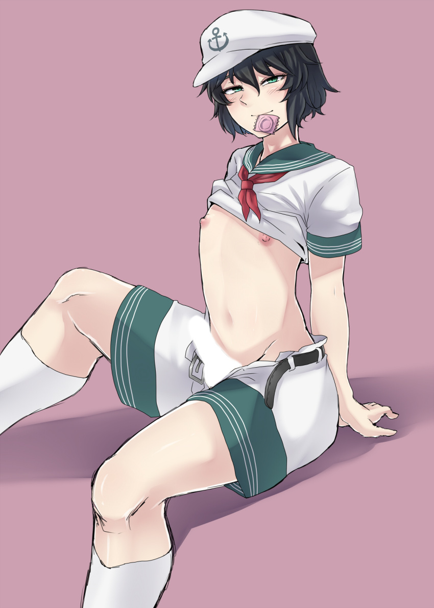 1boy anchor_print bangs belt black_belt black_hair blank_censor censored closed_mouth clothes_lift commentary_request condom condom_in_mouth condom_wrapper erection feet_out_of_frame genderswap genderswap_(ftm) green_eyes hair_between_eyes hat highres looking_at_viewer male_focus mouth_hold murasa_minamitsu nicutoka nipples penis red_neckwear sailor sailor_collar sailor_hat shirt shirt_lift short_hair short_sleeves shorts smile socks solo touhou white_headwear white_legwear white_shirt white_shorts
