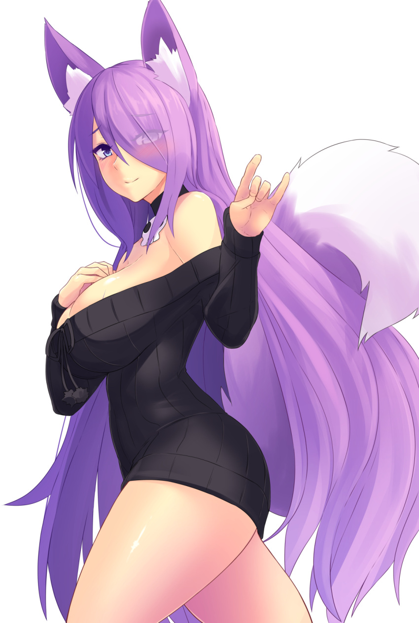 1girl animal_ear_fluff animal_ears bare_shoulders black_sweater blue_eyes breasts closed_mouth commentary commission detached_collar english_commentary eyebrows_visible_through_hair eyes_visible_through_hair fox_ears fox_shadow_puppet fox_tail from_side hair_over_one_eye hand_on_own_chest hands_up highres kazu-koto kurona_reole legs_up long_hair long_sleeves looking_at_viewer medium_breasts off-shoulder_sweater off_shoulder original purple_hair smile solo standing sweater tail transparent_background very_long_hair