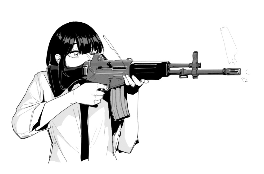 1girl aiming assault_rifle daewoo_k2 female_commander_(girls'_frontline) finger_on_trigger firing girls'_frontline greyscale gun holding holding_gun holding_weapon huqu long_sleeves monochrome necktie one_eye_closed rifle shirt simple_background solo upper_body weapon white_background wide-eyed
