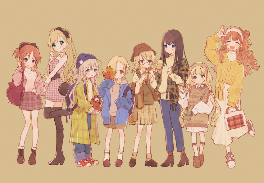 6+girls abe_nana alternate_costume backpack bag collage full_body futaba_anzu handbag highres hoshi_syoko idolmaster idolmaster_cinderella_girls looking_at_viewer mameyanagi morikubo_nono moroboshi_kirari multiple_girls plaid plaid_skirt satou_shin shibuya_rin shirasaka_koume simple_background skirt