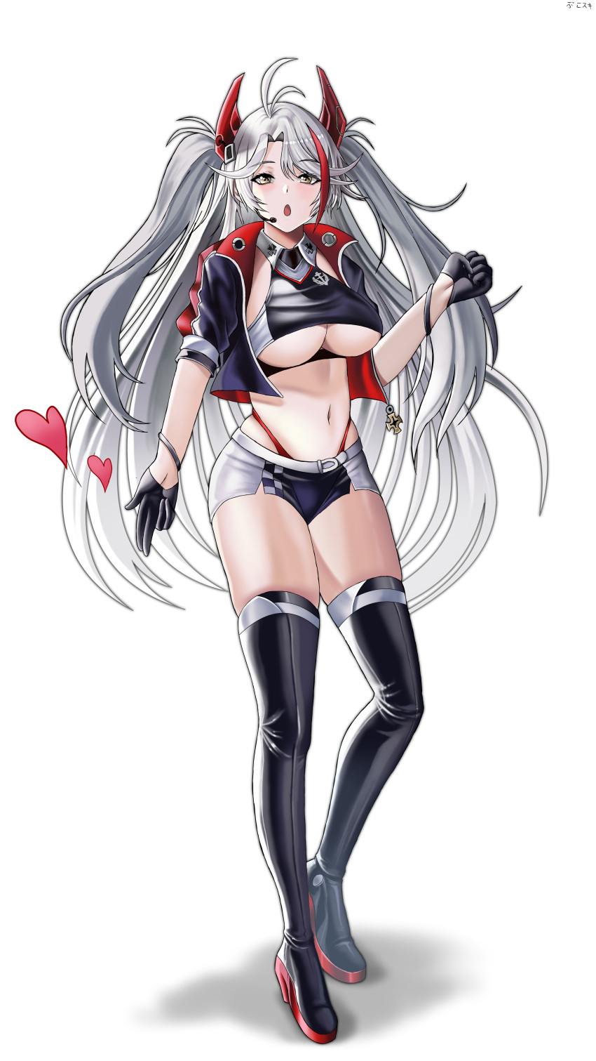 1girl absurdres ahoge alternate_costume azur_lane black_gloves breasts bukowiski full_body gloves hair_ornament headset heart high_heels highres jacket large_breasts long_hair multicolored_hair navel open_clothes open_jacket open_mouth prinz_eugen_(azur_lane) prinz_eugen_(final_lap)_(azur_lane) race_queen silver_hair simple_background solo stomach streaked_hair thighhighs twintails underboob white_background yellow_eyes