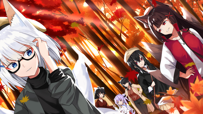 6+girls ^_^ absurdres akagi_(azur_lane) alternate_costume animal_ears atago_(azur_lane) autumn_leaves azur_lane bag bangs bespectacled black_hair blue_eyes blunt_bangs bow brown_eyes casual closed_eyes collarbone commentary_request contemporary derby_(dabidabi) doll_hug eyebrows_visible_through_hair eyeshadow forest fox_ears fox_girl fox_tail glasses hair_between_eyes hair_bow hair_bun hair_ornament hair_ribbon hair_tubes handbag hat height_difference highres holding_hands jacket jewelry kaga_(azur_lane) kyuubi leaf long_hair long_sleeves looking_at_another looking_at_viewer makeup maple_leaf multiple_girls multiple_tails nature necklace object_hug one_side_up parted_lips pleated_skirt ponytail purple_eyes purple_hair red_eyes ribbon semi-rimless_eyewear shirt side_bun sidelocks skirt smile stuffed_animal stuffed_toy stuffed_winged_unicorn tail takao_(azur_lane) tree u-47_(azur_lane) unicorn_(azur_lane) white_shirt x_hair_ornament