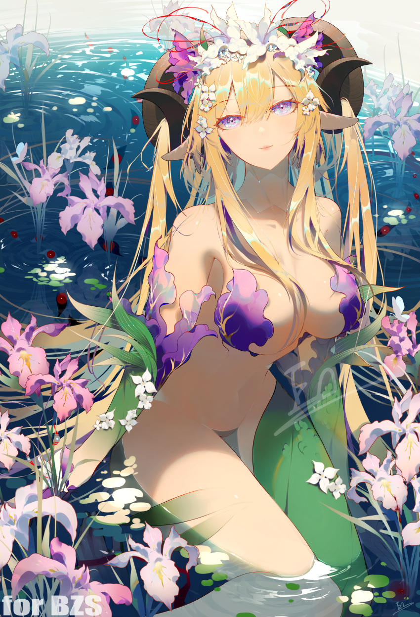 1girl absurdres alternate_costume bangs black_sclera blonde_hair blunt_bangs breasts closed_mouth colored_sclera day dryad en_(976989738) eyebrows_visible_through_hair eyelashes flower goat_horns groin hair_flower hair_on_horn hair_ornament hair_over_breasts head_tilt highres horns in_water large_breasts light_blue_eyes lily_(flower) lily_pad long_hair looking_at_viewer monster_girl monsterification navel pink_lips purple_eyes red_eyes ripples shiny shiny_hair shiny_skin sidelocks signature smile solo stomach thighs touhou very_long_hair yakumo_yukari
