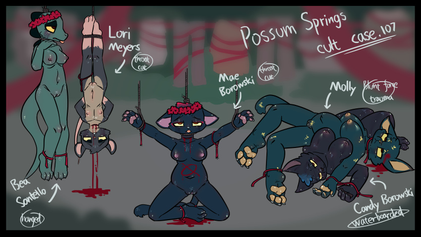 absurd_res anthro aunt_molly_(nitw) bea_santello blood bodily_fluids candy_borowski crowskull death drowned execution felid feline gore group hanged hi_res lori_meyers mae_borowski male mammal mouse murid murine night_in_the_woods rodent scalie slit_throat