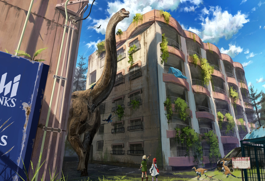 2girls abandoned ari_hinoko blue_sky brachiosaurus cloud dinosaur feathered_dinosaur flying handrail highres kulindadromeus microraptor motor_vehicle multiple_girls original outdoors overgrown ruins sauropod size_difference sky standing tree van waving wire