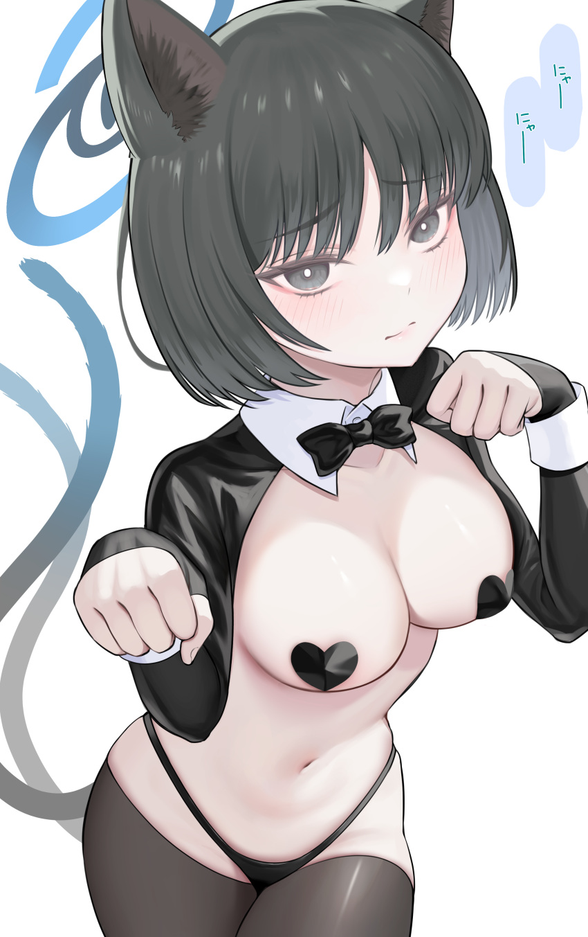 1girl absurdres animal_ears black_eyes black_hair black_panties black_thighhighs blue_archive blue_halo blush breasts cat_ears cat_tail closed_mouth collarbone cowboy_shot halo heart_pasties highres kikyou_(blue_archive) large_breasts long_sleeves looking_at_viewer multiple_tails panties pasties pipi20211026 short_hair simple_background solo tail thighhighs two_tails underwear white_background