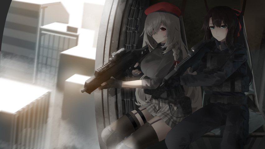 1boy 1girl absurdres aircraft ammunition_pouch asimo_(hakurei10201) belt beret black_jacket black_pantyhose blue_eyes braid breasts brown_hair building closed_mouth commander_(girls'_frontline) commission fingerless_gloves fog g36c_(girls'_frontline) g36c_(red_beret)_(girls'_frontline) garter_straps girls'_frontline gloves grey_hair grey_shirt h&amp;k_g36c hair_between_eyes hair_over_one_eye hat helicopter highres holding holding_weapon jacket large_breasts load_bearing_vest long_hair long_sleeves optical_sight outdoors pantyhose plaid plaid_skirt plate_carrier ponytail pouch red_eyes red_headwear red_ribbon ribbon shirt sidelocks sitting skirt thigh_strap thighhighs trigger_discipline weapon