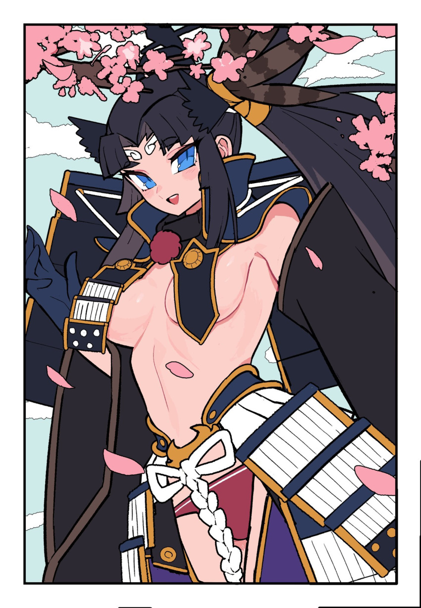 1girl armor black_hair blue_eyes blue_sky breast_curtains breasts cherry_blossoms detached_sleeves fate/grand_order fate_(series) feather_hair_ornament feathers gloves hacco_mayu hair_bun hair_ornament hat highres japanese_armor long_hair looking_at_viewer medium_breasts navel open_mouth panties parted_bangs red_panties side_ponytail sidelocks single_side_bun sky smile solo underwear ushiwakamaru_(fate) very_long_hair wide_sleeves