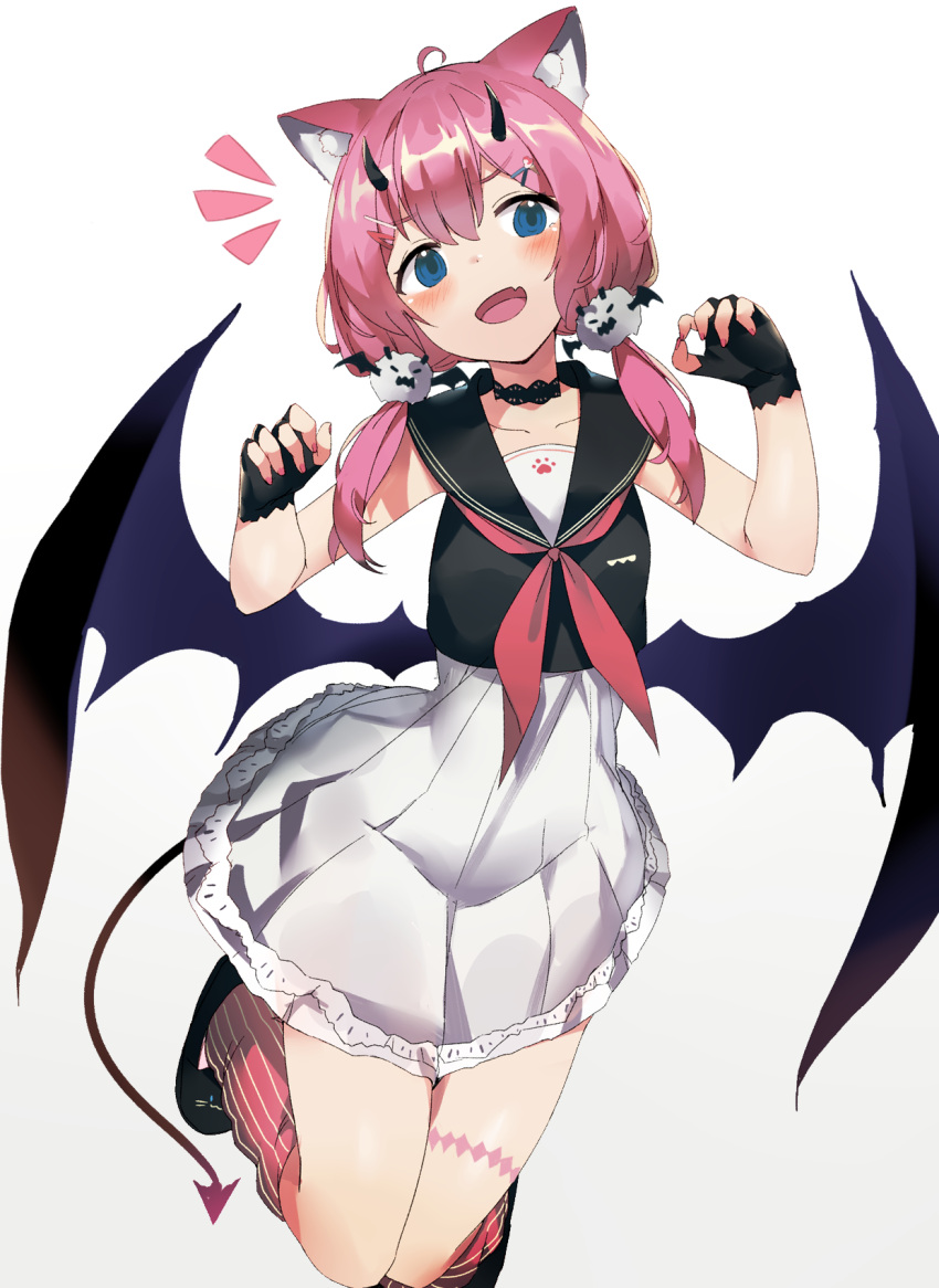 1girl ahoge animal_ear_fluff animal_ears bat_wings black_footwear black_gloves black_horns black_sailor_collar black_shirt blue_eyes blush cat_ears collarbone cropped_shirt demon_girl demon_horns demon_tail dress fingerless_gloves full_body gloves hair_ornament hairclip highres horns indie_virtual_youtuber kneehighs kure_(kure_ng) low_twintails low_wings medium_hair neckerchief open_mouth paw_print pink_hair red_legwear red_neckerchief sailor_collar sakurada_hane school_uniform serafuku shirt simple_background skirt solo striped striped_legwear tail twintails vertical-striped_legwear vertical_stripes virtual_youtuber white_background white_dress white_skirt wings