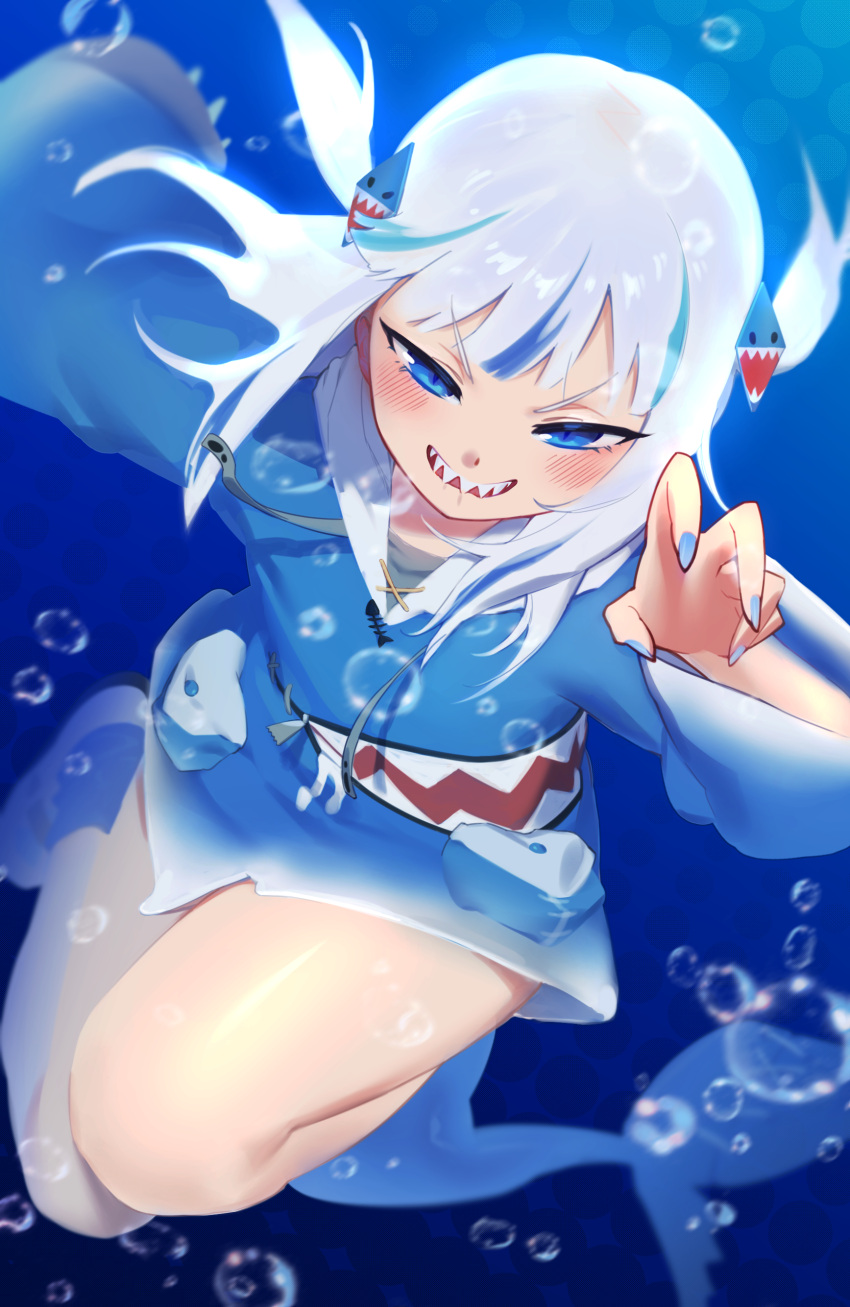 1girl absurdres air_bubble blue_eyes blue_hair blush bubble claw_pose fins fish_tail gawr_gura gawr_gura_(1st_costume) hair_ornament highres hololive hololive_english hood hoodie long_hair long_sleeves multicolored_hair nail_polish nyancul open_mouth shark_girl shark_hair_ornament shark_tail sharp_teeth smile solo streaked_hair tail teeth two_side_up underwater v-shaped_eyebrows virtual_youtuber water white_hair