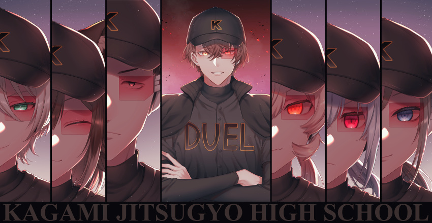 2boys 5girls absurdres bangs baseball_cap baseball_uniform black_hair black_headwear black_jacket black_shirt blonde_hair blue_eyes brown_eyes brown_hair closed_eyes clothes_writing crossed_arms fumino_tamaki green_eyes grin hair_between_eyes hakase_fuyuki hat highres jacket jacket_on_shoulders kagami_hayato kurusu_natsume lineup long_hair long_sleeves looking_at_viewer low_ponytail multiple_boys multiple_girls nijisanji nijisanji_kr nui_sociere oh_jiyu orange_eyes red_eyes scouter shirt short_hair silver_hair smile split_screen sportswear turtleneck virtual_youtuber white_hair yashiro_kizuku yonuko