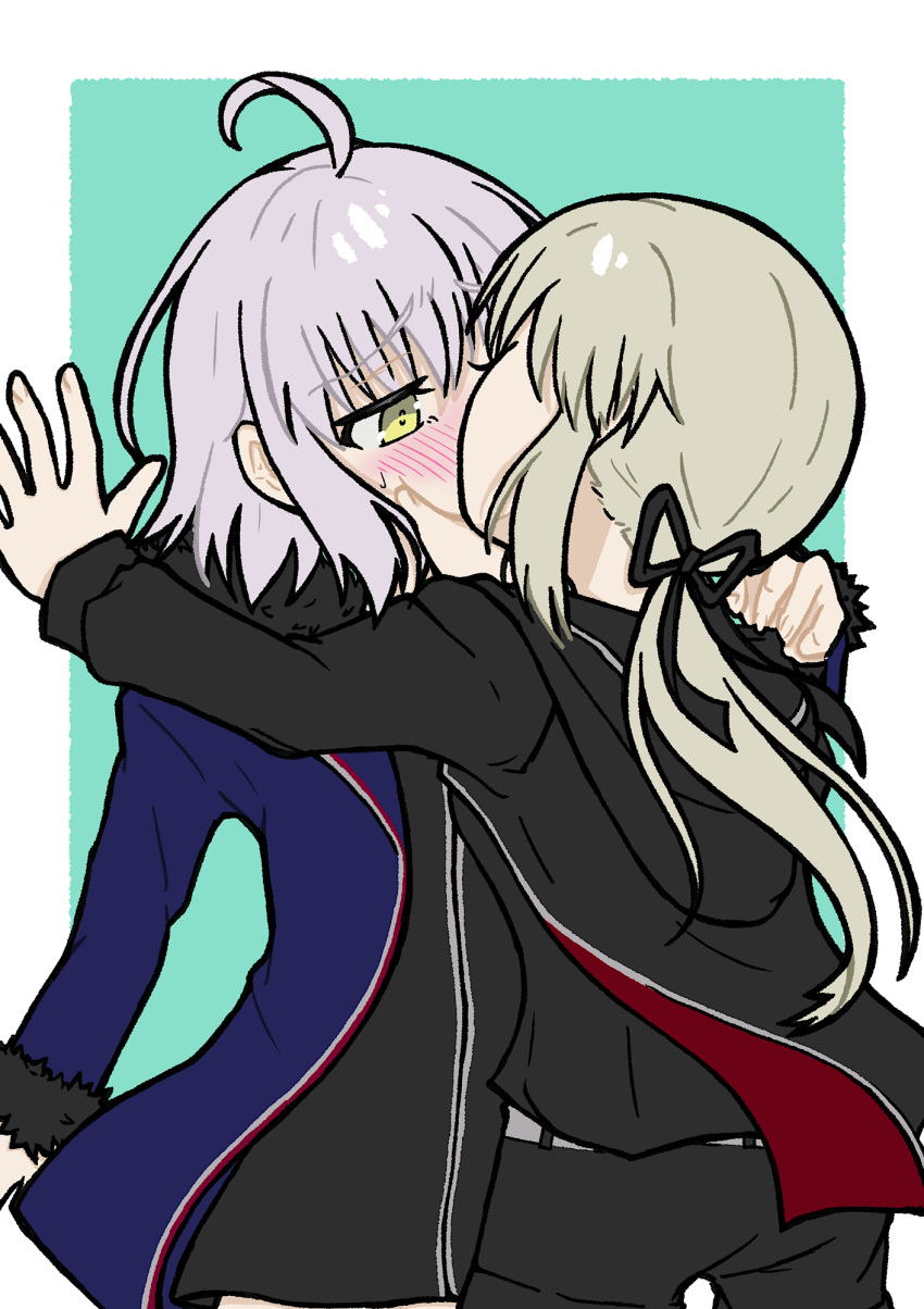 2girls ahoge am0930 artoria_pendragon_(fate) black_ribbon black_shorts blonde_hair blush fate/grand_order fate/stay_night fate_(series) fur_trim grabbing_another's_chin hand_on_another's_chin highres jacket jeanne_d'arc_alter_(fate) jeanne_d'arc_alter_(ver._shinjuku_1999)_(fate) kabedon kiss multiple_girls official_alternate_costume ponytail ribbon saber_alter saber_alter_(ver._shinjuku_1999)_(fate) shorts white_hair yellow_eyes yuri