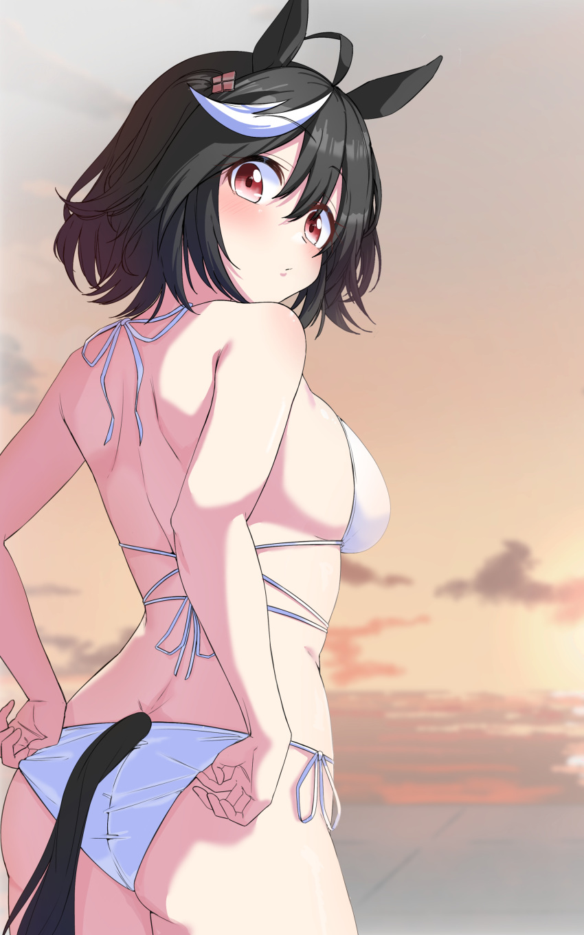 1girl absurdres ahoge alternate_costume animal_ears artist_name ass beach bikini black_hair border breasts cleavage closed_mouth collarbone commentary_request commission cowboy_shot from_behind hair_between_eyes hair_ornament highres horse_ears horse_tail kitasan_black_(umamusume) large_breasts looking_at_viewer looking_down navel nerukichikatafukuma outdoors red_eyes side-tie_bikini_bottom simple_background skeb_commission solo swimsuit tail umamusume white_bikini white_border