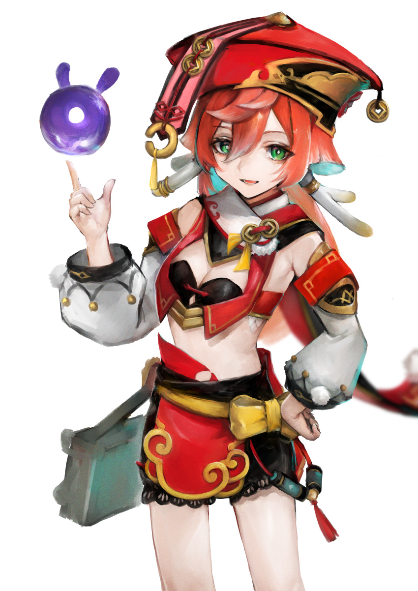 1girl absurdres animal_ears antlers bare_shoulders black_bloomers black_bra bloomers bow bra breasts cleavage coin_hair_ornament crop_top detached_sleeves feet_out_of_frame genshin_impact green_eyes hair_between_eyes hair_ornament hand_on_own_hip hand_up hat highres long_hair long_sleeves looking_at_viewer midriff okitsuma open_mouth orange_hair porkpie_hat puffy_long_sleeves puffy_sleeves red_headwear red_tassel simple_background small_breasts smile solo underwear waist_bow white_background white_sleeves yanfei_(genshin_impact) yellow_bow