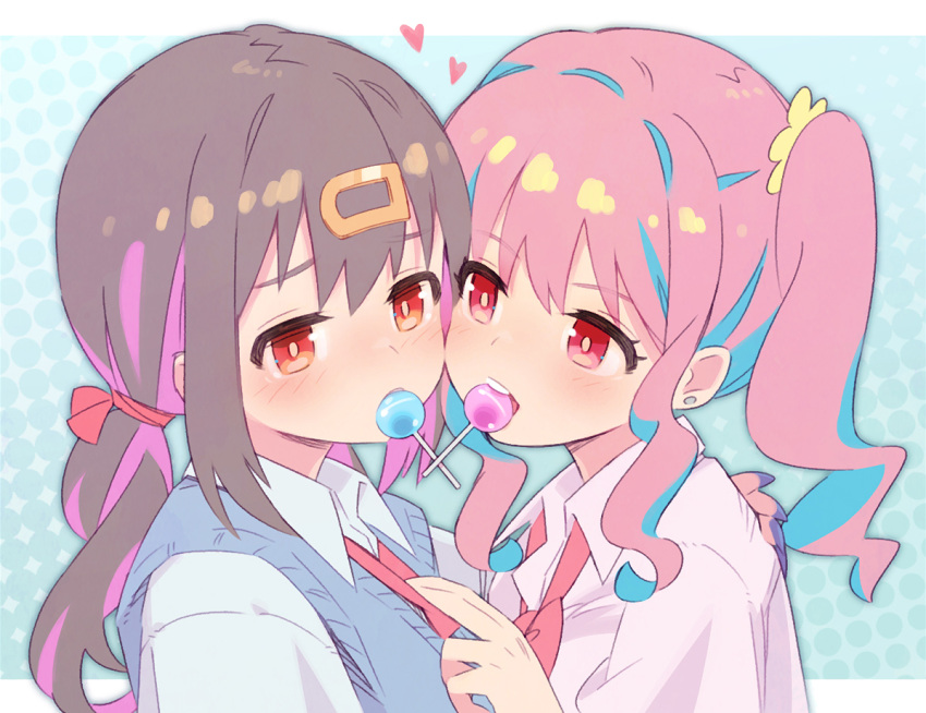 2girls black_hair blue_background blue_hair blue_vest blush bow bowtie brown_eyes candy cheek-to-cheek commentary earrings food gyaru hair_ornament hair_ribbon hairclip hand_on_another's_back heads_together heart hozuki_kaede jewelry kogal lollipop low_twintails mouth_hold multicolored_hair multiple_girls nail_polish onii-chan_wa_oshimai! open_mouth oyama_mihari picogames_off pink_hair purple_hair purple_nails red_bow red_bowtie red_eyes red_ribbon ribbon shirt side_ponytail sidelocks simple_background stud_earrings sweater_vest twintails two-tone_hair vest wavy_hair white_shirt wing_collar yuri