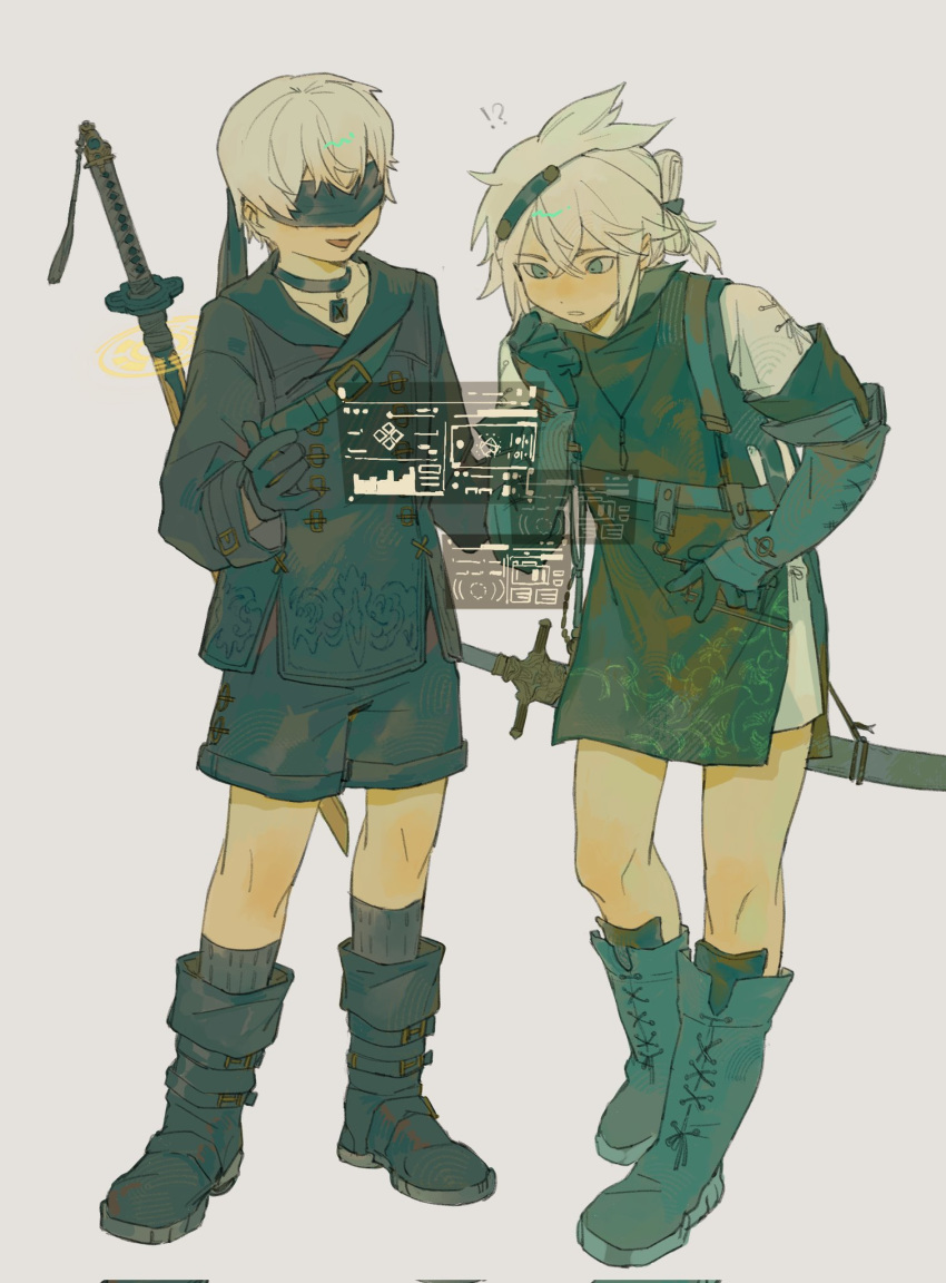 !? 2boys 9s_(nier:automata) black_blindfold black_footwear black_gloves black_shorts blindfold boots commentary crossed_bangs english_commentary gloves hair_between_eyes highres liuhuo21 male_focus multiple_boys nier_(series) nier_(young) open_mouth short_hair shorts simple_background smile socks standing sword weapon white_hair