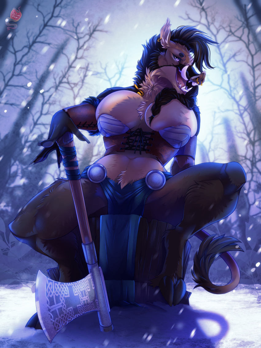 absurd_res anthro armor axe big_breasts breast_squish breasts dominant dominant_female female freya gynomorph gynomorph/female hi_res hooves intersex intersex/female lunerouge mammal mommy_kink mommy_long_legs muscular muscular_female piercing punk solo squish suid suina sus_(pig) tail the_lune_rouge trans_(lore) trans_woman_(lore) valkyrie viking viking_princess wild_boar