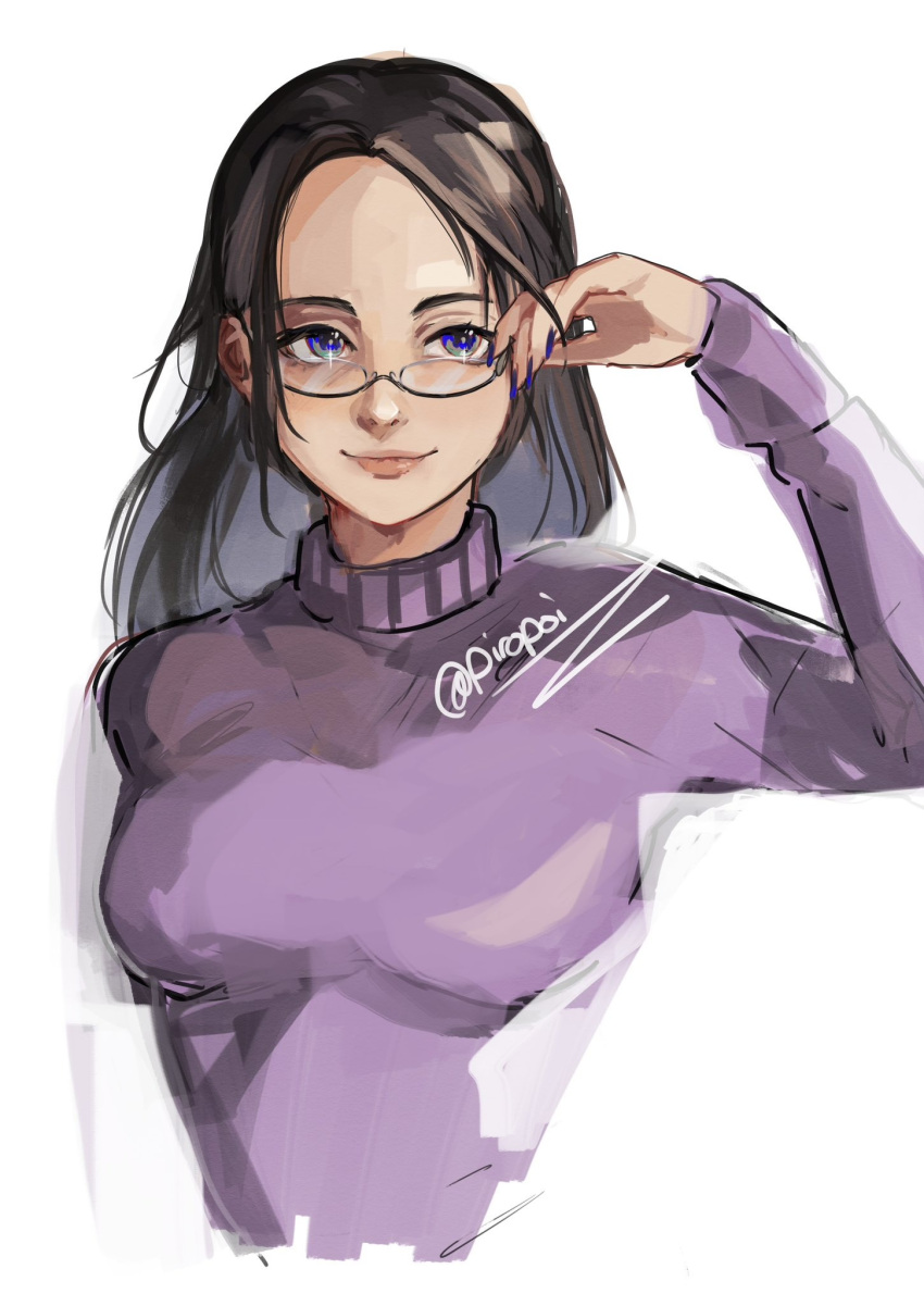 1girl bespectacled black_hair blue_eyes breasts commentary contemporary english_commentary forehead glasses highres long_hair medium_breasts nico_robin one_piece piro_(piropoi) purple_sweater semi-rimless_eyewear signature smile solo sweater turtleneck turtleneck_sweater twitter_username under-rim_eyewear upper_body