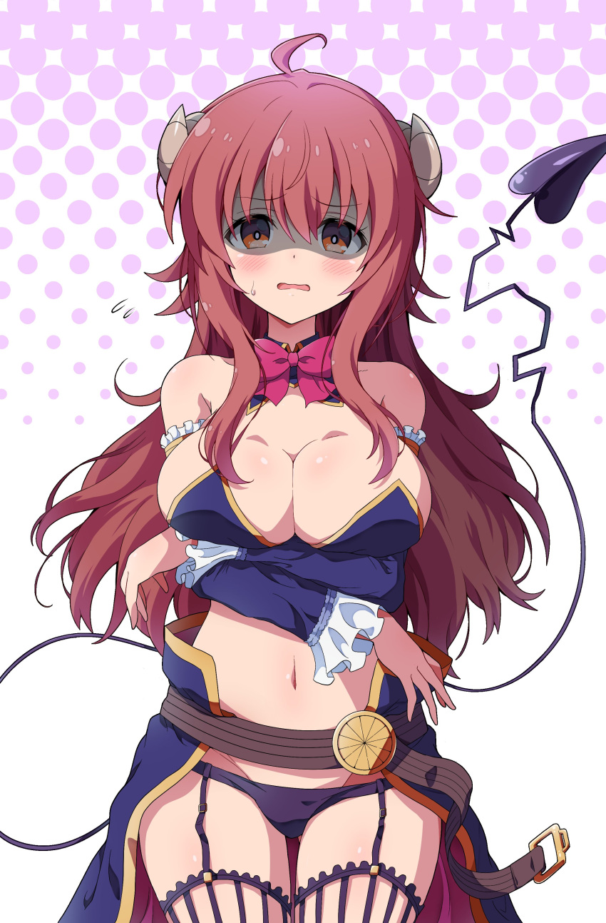 1girl absurdres ahoge arm_behind_head arms_under_breasts ass_visible_through_thighs belt belt_buckle black_panties blush bow breast_hold breasts buckle cleavage commentary crisis_management_form_(machimazo) curled_horns demon_girl demon_horns demon_tail detached_sleeves disgust eggman_(pixiv28975023) embarrassed expressive_tail flying_sweatdrops garter_belt highres horns large_breasts long_hair looking_at_viewer machikado_mazoku navel necktie panties pink_necktie polka_dot polka_dot_background red_eyes red_hair revision scared shaded_face simple_background solo standing stomach straight-on sweatdrop tail thigh_gap underwear wavy_mouth white_background yoshida_yuuko_(machikado_mazoku)