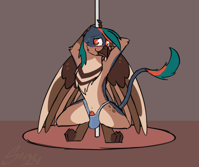 animated avian bulge clothing dancing feral gryphon hi_res male mythological_avian mythology pole pole_dancing solo sombird stripper stripper_pole underwear