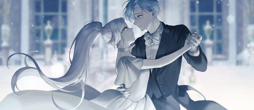 1boy 1girl ballroom blue_theme blurry bokeh bow bowtie braid choker couple dancing depth_of_field earrings elf eye_contact face-to-face floating_hair formal frieren hand_on_another's_shoulder hand_on_another's_waist hetero highres himmel_(sousou_no_frieren) holding_hands indoors jacket jewelry korean_commentary light_particles looking_at_another monochrome mungg_kki official_alternate_costume outstretched_arm pants pointy_ears ponytail profile shirt short_hair short_sleeves smile sousou_no_frieren tailcoat traditional_bowtie tuxedo twintails upper_body vest wide_sleeves