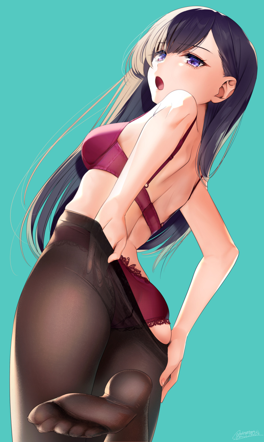 1girl ass asymmetrical_bangs ayamori_mimi back bangs black_hair blue_background bra brown_legwear clothes_pull commentary_request eyebrows_visible_through_hair eyelashes feet from_behind hair_between_eyes highres lace-trimmed_panties lace_trim legs_up long_hair no_shoes open_mouth original panties pantyhose pantyhose_pull purple_bra purple_eyes purple_panties simple_background skindentation soles solo standing standing_on_one_leg toes underwear underwear_only undressing very_long_hair