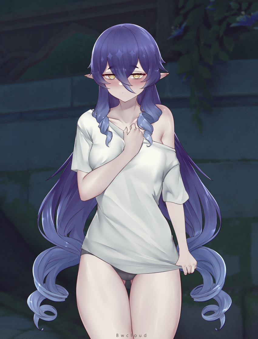 1girl absurdres alternate_costume ass_visible_through_thighs black_panties blue_hair blush bwcloud commentary_request cowboy_shot drill_hair drill_sidelocks genshin_impact hair_between_eyes hand_on_own_hip highres layla_(genshin_impact) long_hair looking_at_viewer no_pants off-shoulder_shirt off_shoulder panties pointy_ears shirt short_sleeves sidelocks single_bare_shoulder solo standing thighs underwear very_long_hair white_shirt yellow_eyes