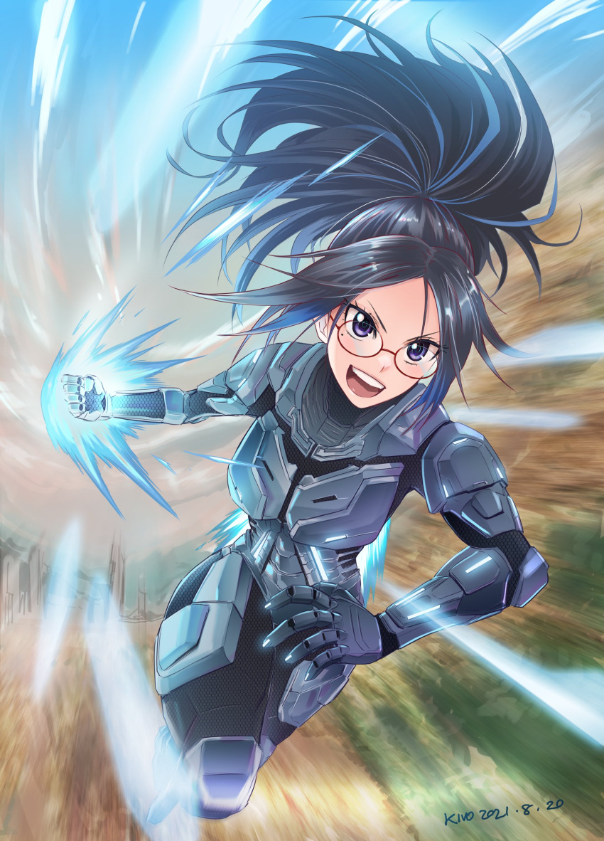 1girl absurdres ark_survival_evolved armor black_hair blue_hair bodysuit clenched_hand commentary dated english_commentary glasses glowing glowing_hand highres kivo kson mole mole_under_eye multicolored_hair open_mouth ponytail purple_eyes real_life signature smile solo streaked_hair