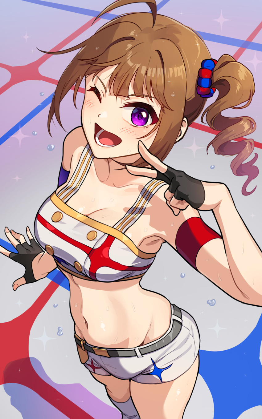 1girl ahoge bare_shoulders black_gloves blue_scrunchie blush breasts brown_hair cleavage collarbone commentary drill_hair drill_ponytail fingerless_gloves flying_sweatdrops gloves hair_ornament hair_scrunchie half_gloves highres idolmaster idolmaster_million_live! idolmaster_million_live!_theater_days kamille_(vcx68) looking_at_viewer medium_hair midriff navel one_eye_closed open_mouth print_scrunchie purple_eyes red_scrunchie revision scrunchie side_drill side_ponytail small_breasts smile solo standing sweat sweatdrop v yokoyama_nao