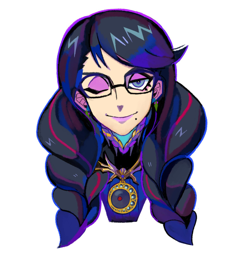 1girl bayonetta bayonetta_(series) bayonetta_3 black_hair braid denaseey earrings glasses highres jewelry lipstick long_hair looking_at_viewer makeup mole mole_under_mouth multicolored_hair red_hair simple_background smile solo streaked_hair twin_braids