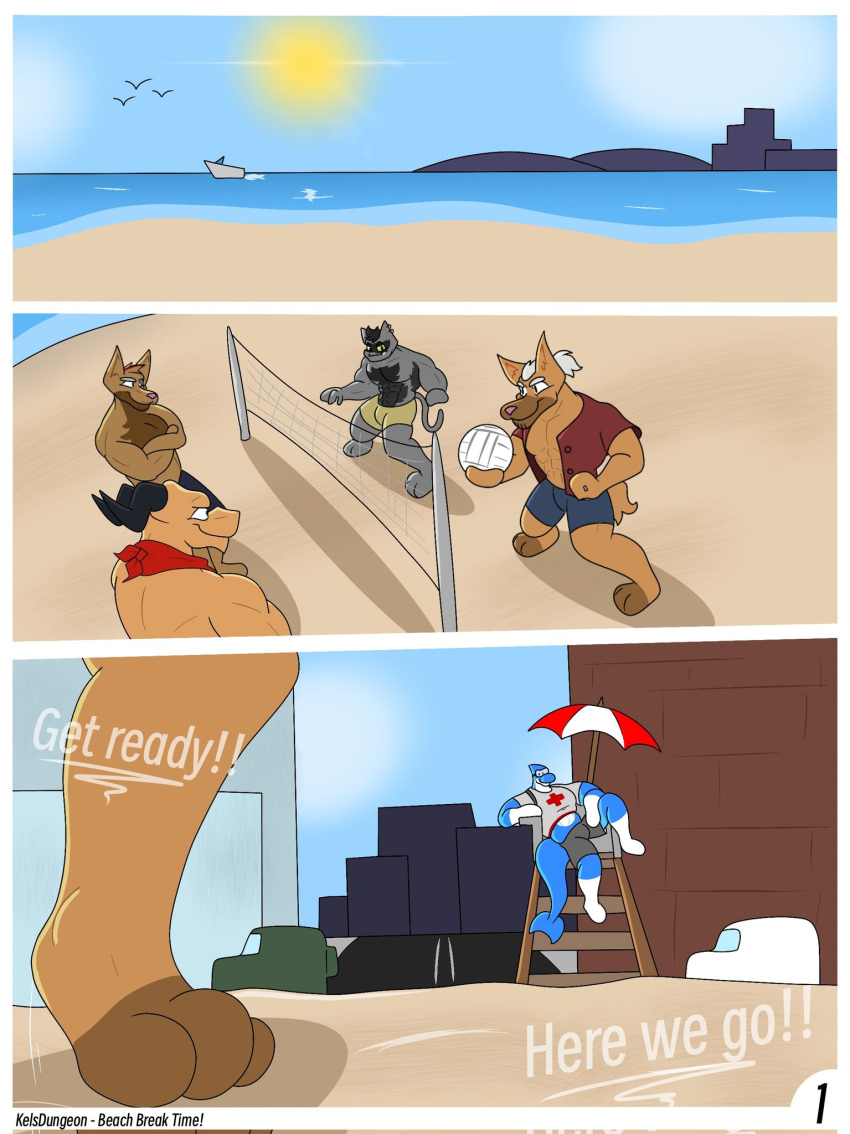 3_panel_comic 3_toes abs ambient_bird anthro athletic athletic_anthro athletic_male avian ball beach bird black_body black_eyes black_fur black_hair black_horn blue_body blue_bottomwear blue_clothing blue_eyes blue_shorts blue_skin boat body_hair bottomwear brick_wall brown_body brown_fur canid canine canis car chest_hair city cityscape clothing cloud comic crop_top crossed_arms dialogue dolphin_(mario) dragon english_text exclamation_point eyewear feet front_view fur goggles grey_body grey_clothing grey_fur grey_hair grey_shirt grey_topwear group hair hi_res holding_object horn kelsdungeon kerchief lifeguard lifeguard_chair lifeguard_swimsuit lifeguard_tower male mammal mario_bros midriff multicolored_body multicolored_fur muscular muscular_anthro muscular_male neckerchief nintendo page_number parasol pink_nose plantigrade procyonid raccoon red_kerchief red_neckerchief red_nose ring road sand seaside shadow shirt shorts smile smirk sport standing sun swimming_trunks swimwear tail tan_bottomwear tan_clothing tan_shorts text toes topwear tuck_(kelsdungeon) two_tone_body two_tone_fur vehicle volleyball volleyball_(ball) wall_(structure) water watercraft white_body white_skin window wolf yellow_sclera
