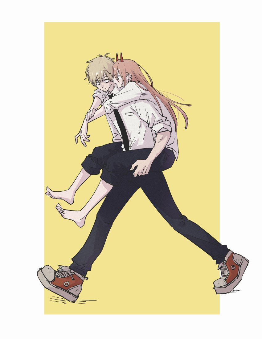 1boy 1girl absurdres barefoot black_necktie blonde_hair carrying chainsaw_man commentary_request denji_(chainsaw_man) heureoreo highres horns korean_commentary light_brown_hair long_hair necktie pants pants_rolled_up piggyback power_(chainsaw_man) red_horns shoes sleeves_rolled_up sneakers yellow_background