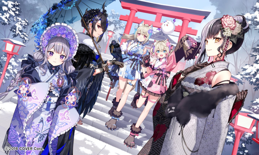 5girls animal_ear_fluff animal_ears asymmetrical_horns black_gloves black_hair black_kimono blue_hair blue_kimono breasts colored_inner_hair demon_horns dog_ears dog_girl dog_tail floral_print_kimono flower fuwawa_abyssgard fuwawa_abyssgard_(new_year) gloves grey_hair hair_flower hair_ornament holding holding_umbrella holoadvent hololive hololive_english horns japanese_clothes kimono koseki_bijou koseki_bijou_(new_year) lace-trimmed_gloves lace_trim large_breasts long_hair mococo_abyssgard mococo_abyssgard_(new_year) mole mole_under_eye multicolored_hair multiple_girls nardack nerissa_ravencroft nerissa_ravencroft_(new_year) official_alternate_costume official_alternate_hairstyle official_art perroccino_(fuwamoco) pink_hair pink_kimono purple_eyes shiori_novella shiori_novella_(new_year) siblings sisters sleeves_past_fingers sleeves_past_wrists split-color_hair streaked_hair tail thigh_strap twins two_side_up umbrella virtual_youtuber white_hair yorick_(shiori_novella)