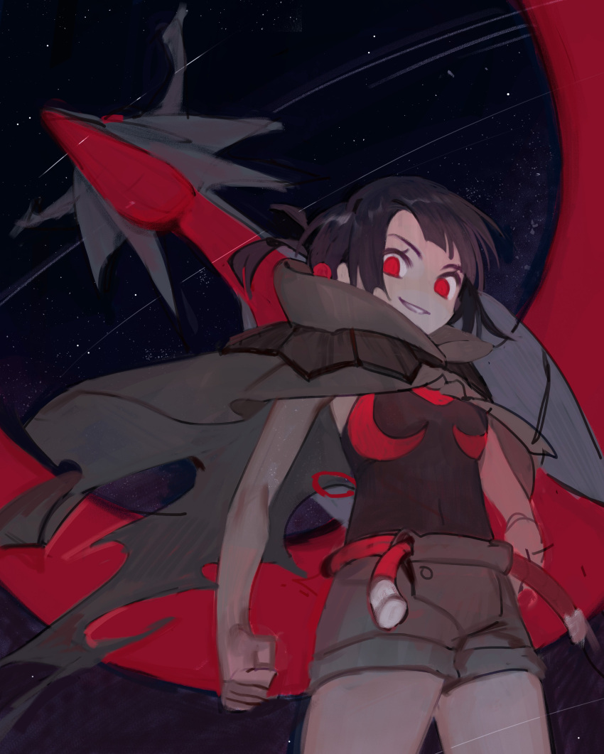 1girl absurdres black_hair breasts cape clenched_hand commentary_request covered_navel dragon from_below givemeyourtmi grey_cape grey_shorts hand_on_own_hip highres mega_salamence night night_sky pokemon pokemon_(creature) pokemon_oras red_eyes salamence short_hair shorts sky small_breasts smile star_(sky) teeth wings zinnia_(pokemon)