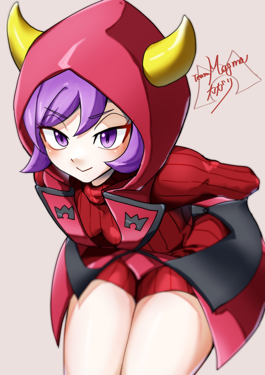 absurdres breasts courtney_(pokemon) cowlick dress fake_horns half-closed_eyes highres hood hooded_vest hoodie horned_headwear horned_hood horns medium_breasts pokemon pokemon_oras purple_eyes purple_hair red_dress red_hood remya ribbed_dress short_dress short_hair swept_bangs team_magma team_magma_uniform turtleneck_dress vest