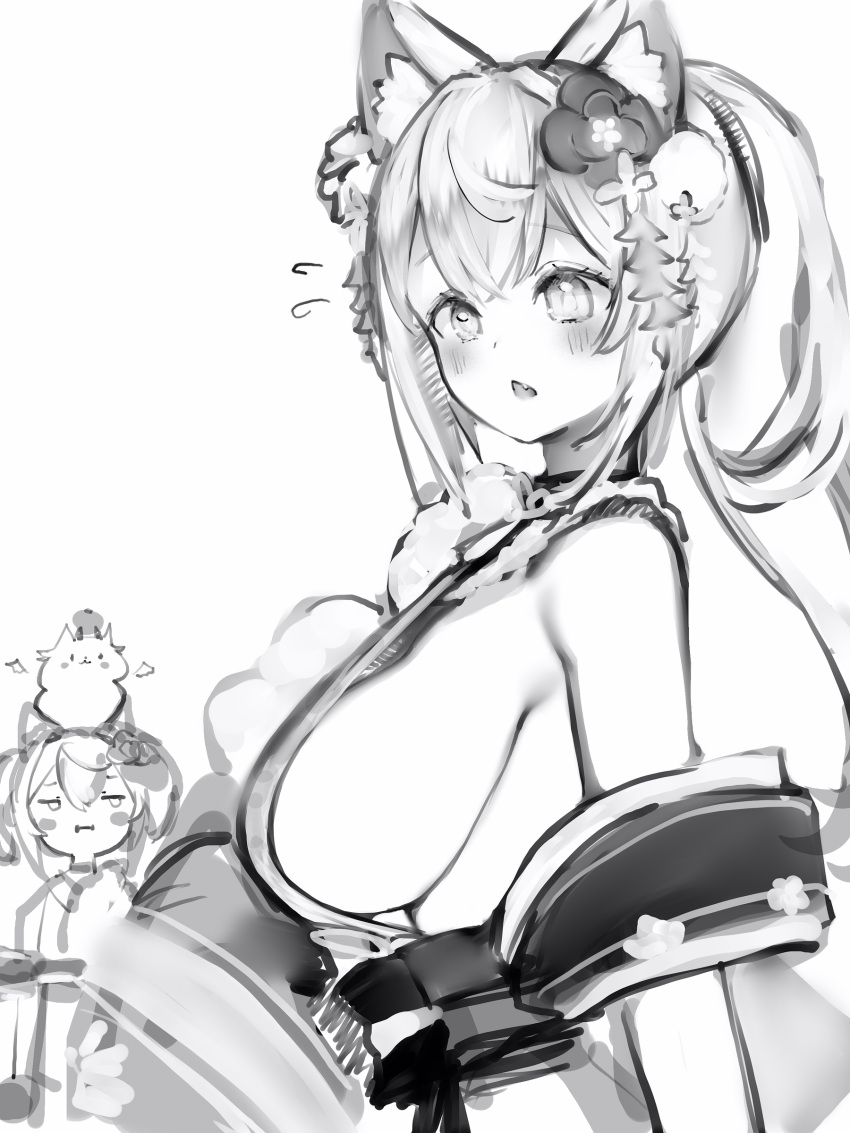 2girls :i absurdres animal_ear_fluff animal_ears bare_shoulders blush breast_envy breasts dog_ears dog_girl fang flower fuwawa_abyssgard fuwawa_abyssgard_(new_year) greyscale hair_flower hair_ornament highres hololive hololive_english japanese_clothes jitome kimono large_breasts long_hair looking_at_another looking_at_viewer mococo_abyssgard mococo_abyssgard_(new_year) monochrome multiple_girls nanashi_(nlo) perroccino_(fuwamoco) ponytail sash siblings sideboob sisters solo_focus triangle_mouth upper_body