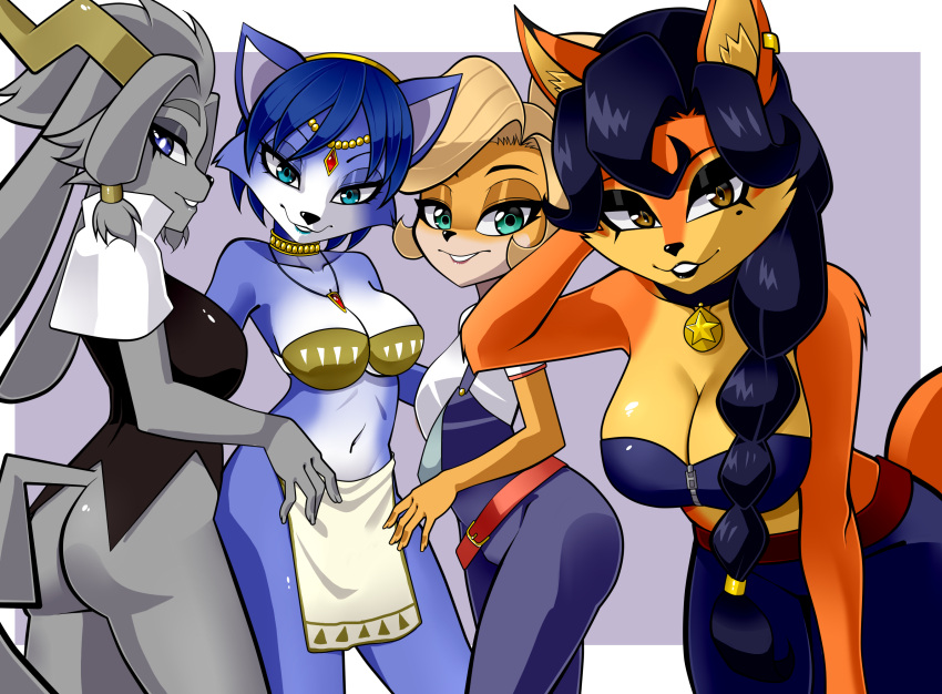 activision anthro bandicoot beauty_mark bedroom_eyes bovid breasts canid canine caprine carmelita_fox choker cleavage clothed clothing coco_bandicoot crash_bandicoot_(series) female fox goat group hand_behind_head hi_res jewelry krystal mammal marsupial narrowed_eyes necklace nekojackun nintendo overalls pseudoregalia seductive sly_cooper_(series) sony_corporation sony_interactive_entertainment star_fox sucker_punch_productions sybil_(pseudoregalia)