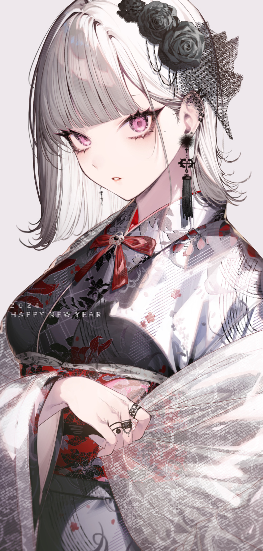 1girl 2024 absurdres black_flower black_rose breasts ear_piercing earrings floral_print flower grey_kimono hair_flower hair_ornament happy_new_year highres japanese_clothes jewelry kayahara kimono looking_at_viewer medium_hair mole new_year obi original parted_lips piercing purple_eyes ring rose sash simple_background solo upper_body white_hair