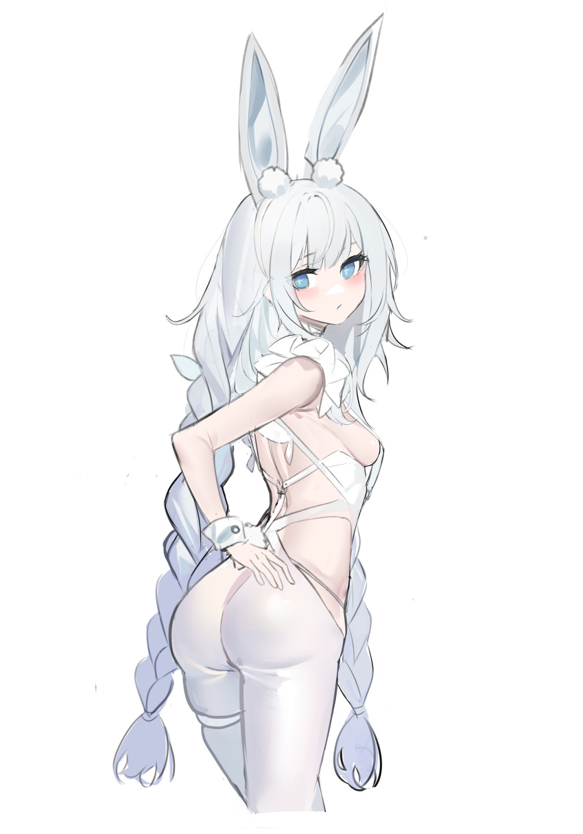 1girl absurdres animal_ear_fluff animal_ears azur_lane bangs blush braid breasts closed_mouth cowboy_shot echj eyebrows_visible_through_hair frills from_side hand_on_hip highres le_malin_(azur_lane) le_malin_(listless_lapin)_(azur_lane) leotard long_hair looking_at_viewer looking_to_the_side official_alternate_costume pantyhose purple_eyes rabbit_ears rabbit_tail short_sleeves sideboob sidelocks small_breasts solo standing tail twin_braids white_background white_hair white_legwear white_leotard wrist_cuffs