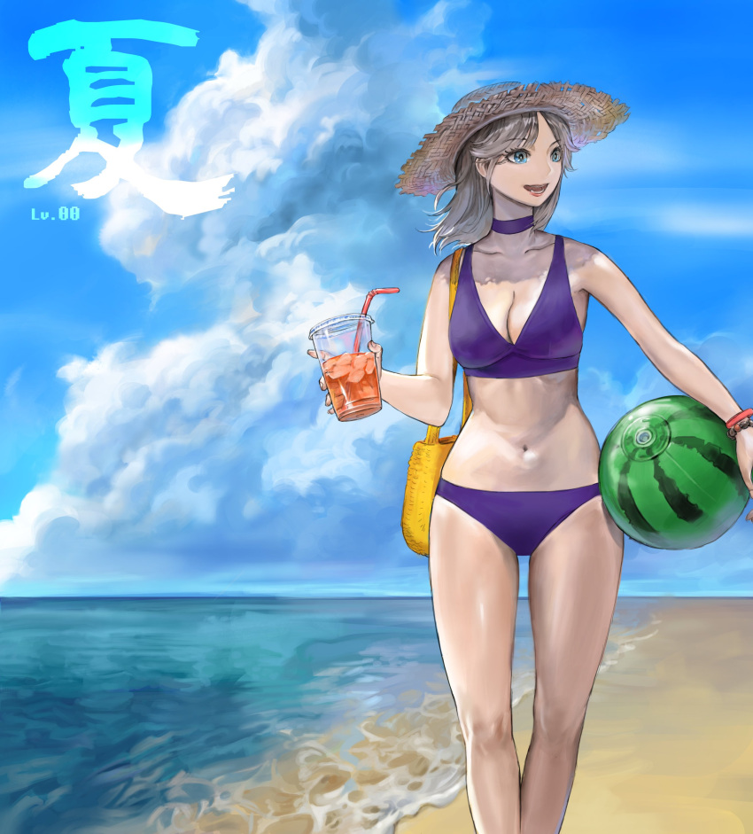 1girl absurdres artist_name ball beach beachball bendy_straw bikini blue_eyes blue_sky breasts brown_headwear choker cleavage cloud collarbone cup day disposable_cup drink drinking_straw grey_hair hat highres holding holding_ball holding_beachball holding_cup level-00 medium_breasts medium_hair navel ocean open_mouth original outdoors parted_bangs purple_bikini purple_choker sky smile solo standing straw_hat summer swimsuit water watermelon_beachball