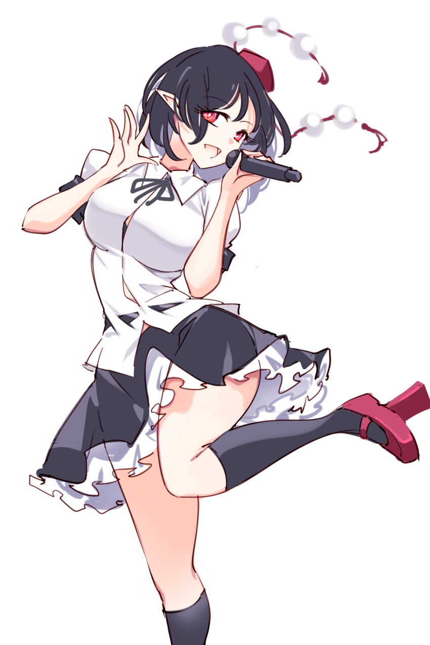 1girl black_hair black_skirt black_socks breasts collared_shirt commentary foot_out_of_frame frilled_skirt frills geta hat highres holding holding_microphone large_breasts microphone open_mouth pointy_ears pom_pom_(clothes) raptor7 red_eyes red_headwear shameimaru_aya shirt short_hair short_sleeves simple_background skirt smile socks solo symbol-only_commentary tengu-geta tokin_hat touhou white_background white_shirt
