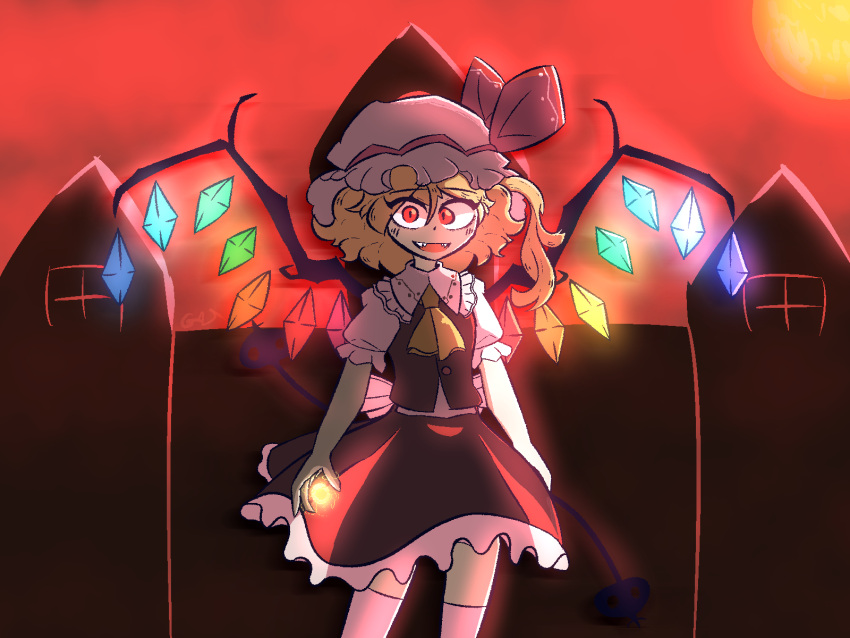 1girl ascot back_bow blonde_hair bow collared_shirt cowboy_shot crystal fangs flandre_scarlet frilled_shirt_collar frilled_skirt frilled_sleeves frills gatotat0 glowing glowing_wings hat hat_ribbon highres large_bow looking_at_viewer medium_hair mob_cap multicolored_wings one_side_up open_mouth outdoors puffy_short_sleeves puffy_sleeves red_background red_eyes red_ribbon red_skirt red_vest ribbon scarlet_devil_mansion shirt short_sleeves skirt solo teeth touhou upper_teeth_only vest white_bow wings yellow_ascot