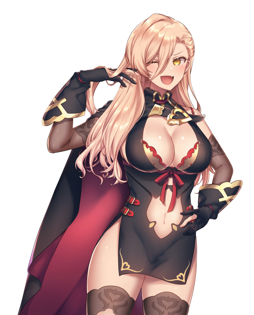 1girl ;d absurdres belt black_cape black_gloves blonde_hair bra breasts brown_gloves brown_legwear cape center_opening cleavage cleavage_cutout clothing_cutout dress elbow_gloves fang gloves hair_between_eyes hair_flip halter_dress halterneck highres large_breasts long_hair looking_at_viewer multicolored_cape multicolored_clothes navel navel_cutout nijisanji no_headwear nui_sociere one_eye_closed open_mouth partially_fingerless_gloves red_belt red_ribbon rei_no_himo revealing_clothes ribbon short_dress side_slit simple_background skin_fang smile solo thighhighs underwear virtual_youtuber white_background witch yellow_bra yellow_eyes yonuko