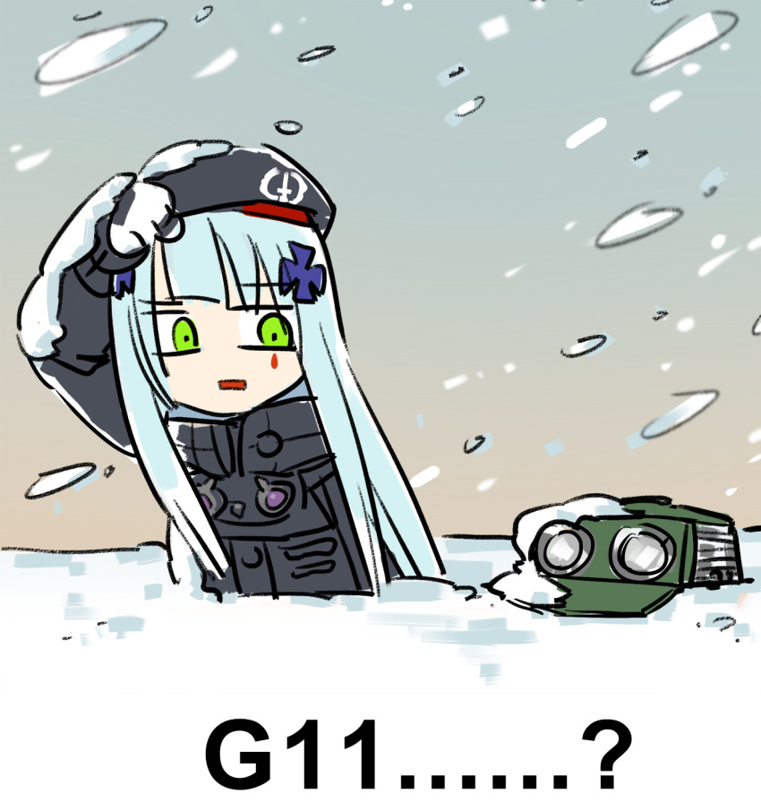 2girls beret black_headwear black_jacket blizzard buried_alive chinese_commentary commentary_request covering_face g11_(girls'_frontline) girls'_frontline gloves green_eyes green_headwear grey_hair hat highres hk416_(girls'_frontline) jacket long_hair long_sleeves m16a1_(girls'_frontline) multiple_girls outdoors parted_lips snow snow_on_body snow_on_head square_mouth su_xiao_jei teardrop_facial_mark very_long_hair white_gloves