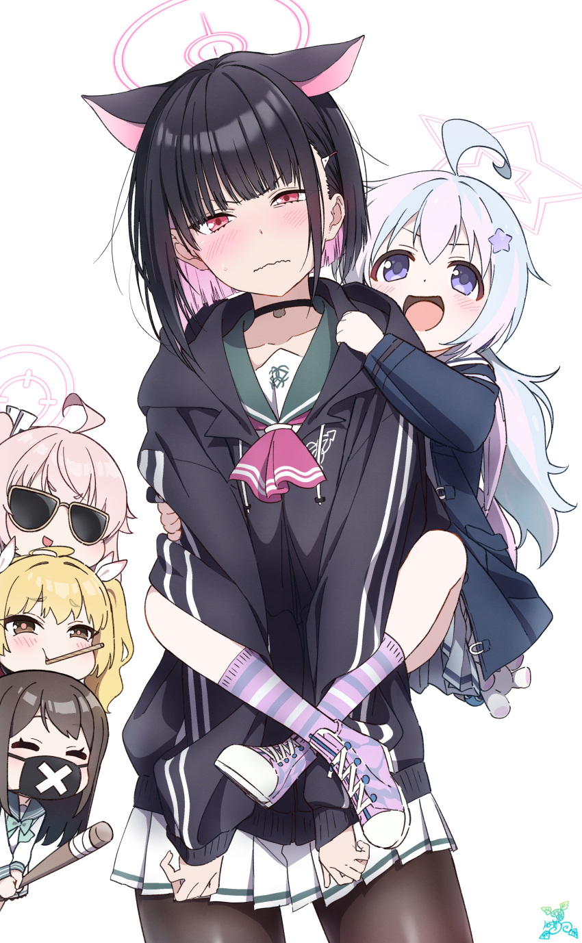 5girls absurdres after-school_sweets_club_(blue_archive) ahoge airi_(blue_archive) animal_ears ascot black_choker black_hair black_hoodie black_pantyhose blonde_hair blue_archive blue_hair blue_jacket blue_socks blush brown_eyes brown_hair carrying cat_choker cat_ears chibi chibi_inset choker closed_mouth colored_inner_hair commentary drawstring duplicate food_in_mouth green_sailor_collar grey_skirt hair_ornament halo highres hood hood_down hoodie jacket kazusa_(blue_archive) light_blue_hair makicha_(sasurainopink) making-of_available mask mouth_mask multicolored_hair multiple_girls natsu_(blue_archive) open_mouth pantyhose piggyback pink_ascot pink_eyes pink_footwear pink_hair pink_halo pink_socks pleated_skirt reisa_(blue_archive) sailor_collar simple_background skirt socks star_(symbol) star_hair_ornament star_halo streaked_hair striped striped_socks stuffed_animal stuffed_toy sunglasses v-shaped_eyebrows wavy_mouth white_background white_skirt white_socks yoshimi_(blue_archive)