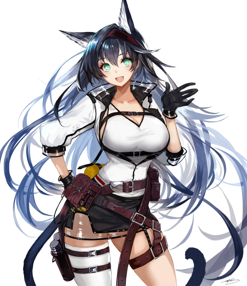 1girl :d absurdres animal_ear_fluff animal_ears apt aqua_eyes arknights bangs belt_buckle belt_pouch black_gloves black_hair black_skirt blaze_(arknights) blue_hair breasts buckle cat_ears cat_girl cat_tail cleavage collarbone contrapposto cowboy_shot eyebrows_visible_through_hair gloves gradient_hair hairband hand_on_hip highres jacket large_breasts long_hair long_sleeves looking_at_viewer miniskirt multicolored_hair open_clothes open_jacket open_mouth pouch red_hairband see-through shirt simple_background single_thighhigh skirt smile solo tail thigh_strap thighhighs underbust very_long_hair white_background white_jacket white_legwear white_shirt