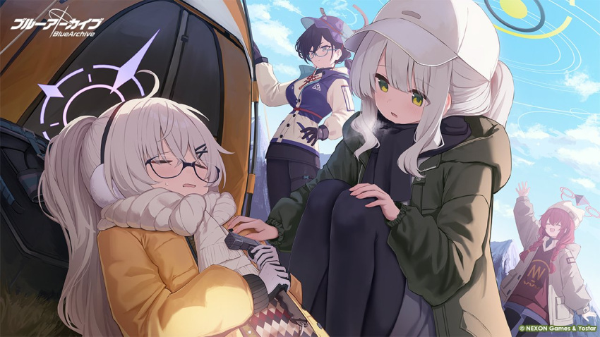 4girls arm_up black_hair blonde_hair blue-framed_eyewear blue_archive blush braid chihiro_(blue_archive) chihiro_(camp)_(blue_archive) closed_eyes closed_mouth glasses green_eyes grey_hair halo hare_(blue_archive) hare_(camp)_(blue_archive) kotama_(blue_archive) kotama_(camp)_(blue_archive) long_hair maki_(blue_archive) maki_(camp)_(blue_archive) multiple_girls official_alternate_costume official_alternate_hairstyle official_art open_mouth ponytail red_hair red_halo short_hair smile takashima_shoa twin_braids veritas_(blue_archive)