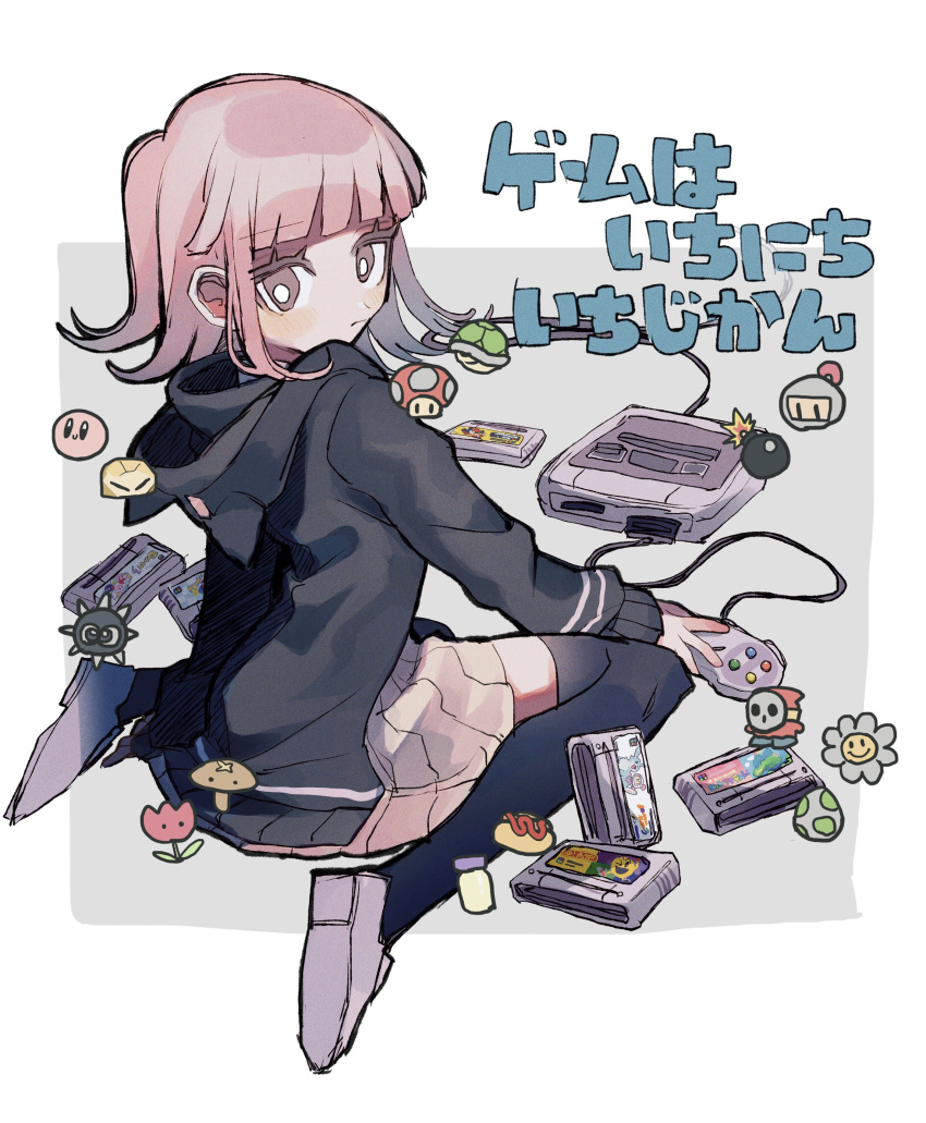 1girl absurdres animal_ears bangs black_legwear blush bomb bomberman brown_skirt cartridge controller danganronpa_(series) danganronpa_2:_goodbye_despair eyebrows_visible_through_hair fake_animal_ears flower game_cartridge game_console game_controller gamepad gordo green_shell hair_ornament handheld_game_console highres hood hood_down hooded_jacket jacket kirby kirby_(series) long_sleeves looking_at_viewer looking_back manaita_no_sake mario_(series) medium_hair mushroom nanami_chiaki no_hair_ornament over-kneehighs pac-man pac-man_(game) pink_eyes pink_hair pleated_skirt shell shoes shy_guy sitting sketch skirt solo super_famicom_cartridge super_famicom_gamepad super_mario_world_2:_yoshi's_island super_mushroom super_nintendo thighhighs translation_request white_bomberman yoshi_egg